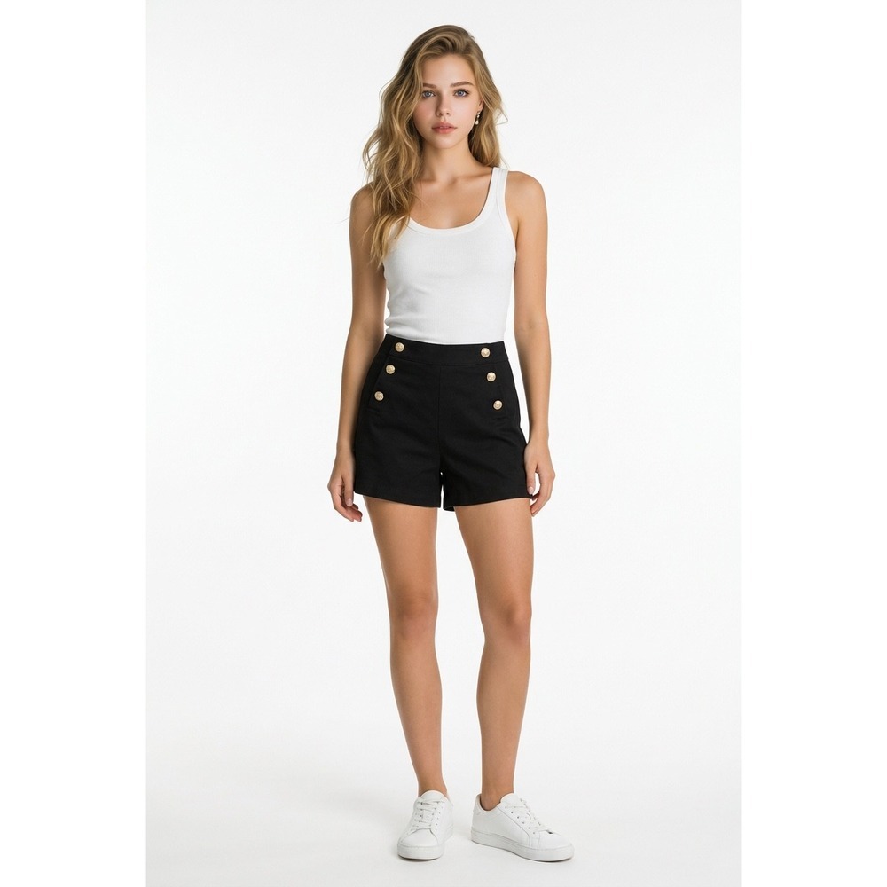 Rachel Zoe Womens Black Sailor Shorts Gold Button High Rise Stretch Size 6
